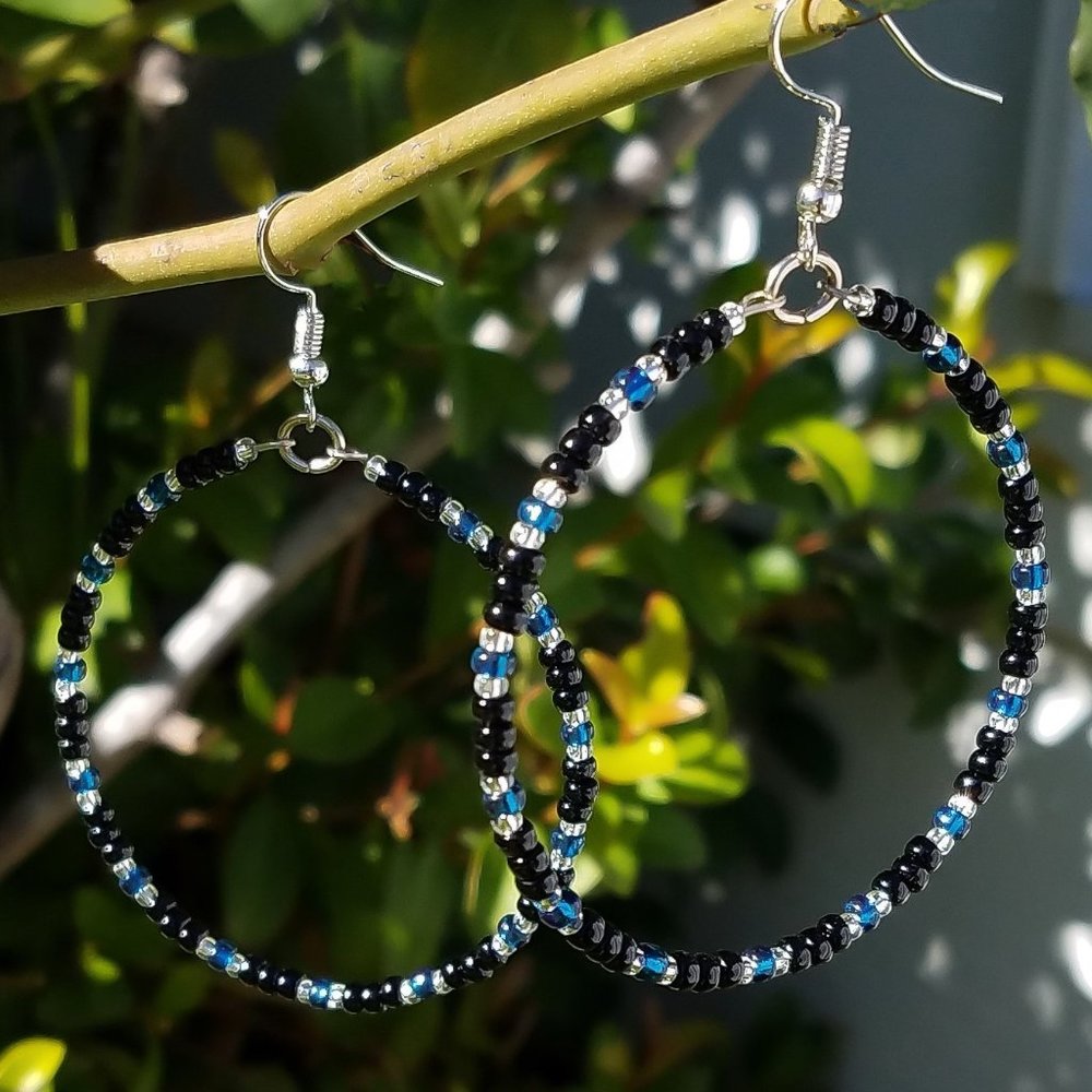 Beaded Hoop Earrings/ Blue and Black Tribal Hoop Earrings/ Large Dangle 2" Hoops